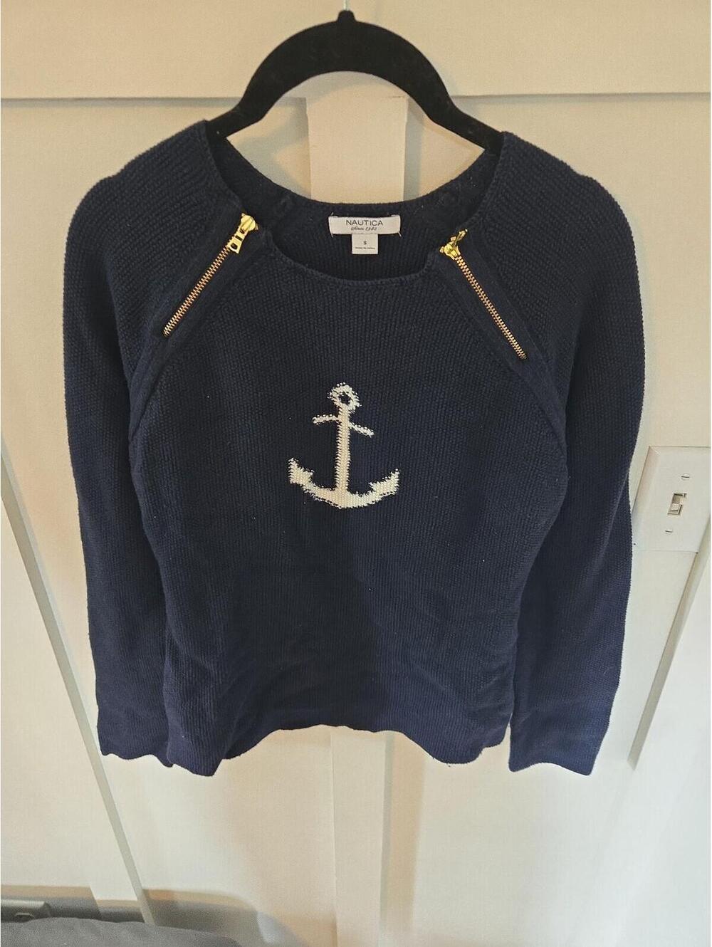 Nautica Navy Blue Knit Anchor Sweater with Gold Shoulder Zippers Size S
